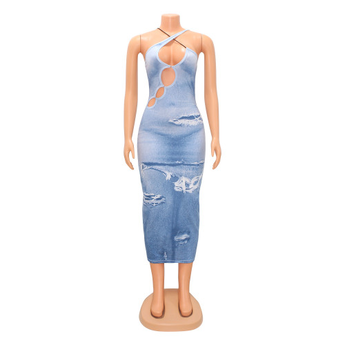 Women's Fashion Spot Skinny Printed Hollow Sling Sleeveless Dress