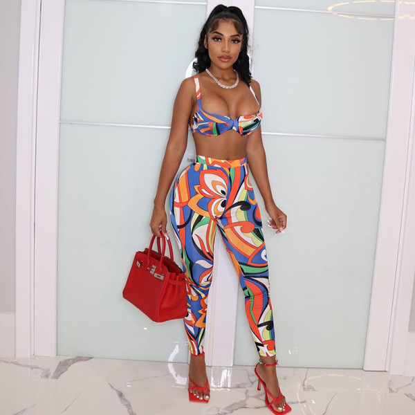 Printed Low Cut Sleeveless Slim Top High Waist Skinny Pants Set