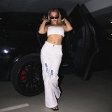 Fashion Street Shooting Straight High Waist Thin Solid Color Embroidered Casual Pants