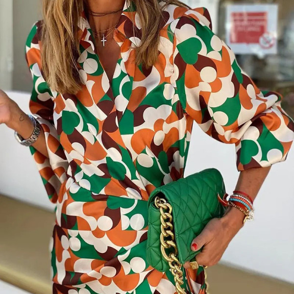 Elegant and Elegant Printed Lantern Sleeve Lace-Up Dress