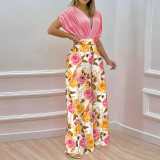 Elegant V-Neck Printed Wide Leg Pants Casual High Waist Jumpsuit