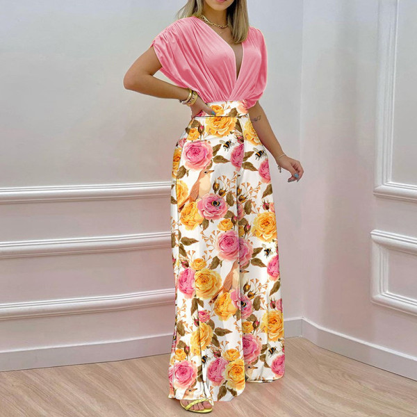 Elegant V-Neck Printed Wide Leg Pants Casual High Waist Jumpsuit