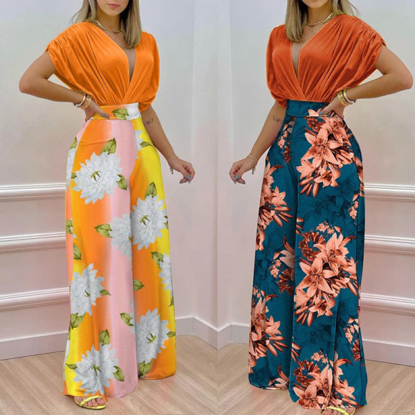 Elegant V-Neck Printed Wide Leg Pants Casual High Waist Jumpsuit