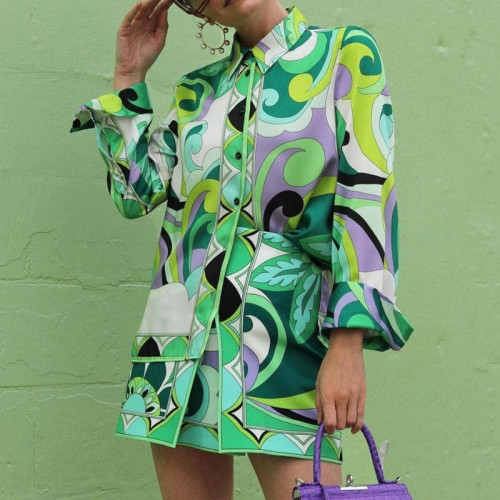Women's Fashion Print Street Single Breasted Jacket and Skirt Two Piece Set