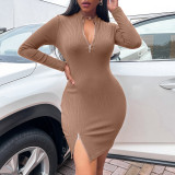 Autumn and winter new package hip skirt pit strip sexy slit V-neck dress
