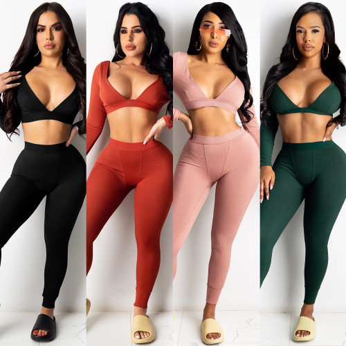 Women's Winter Sexy V-Neck Knitted Fashion Casual Long Sleeve Two Piece Set
