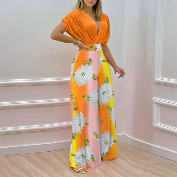 Elegant V-Neck Printed Wide Leg Pants Casual High Waist Jumpsuit