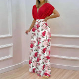 Elegant V-Neck Printed Wide Leg Pants Casual High Waist Jumpsuit