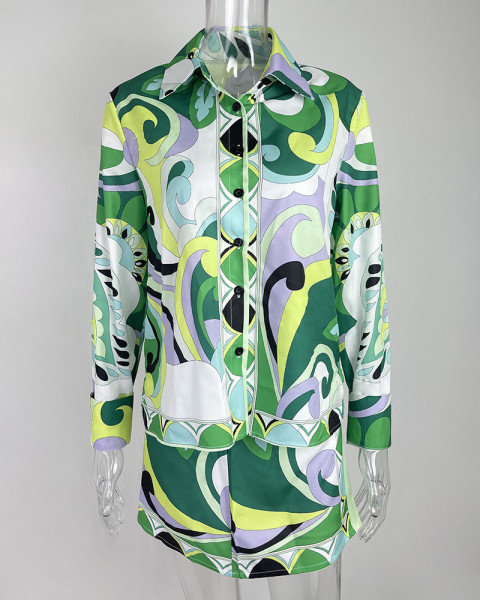 Women's Fashion Print Street Single Breasted Jacket and Skirt Two Piece Set