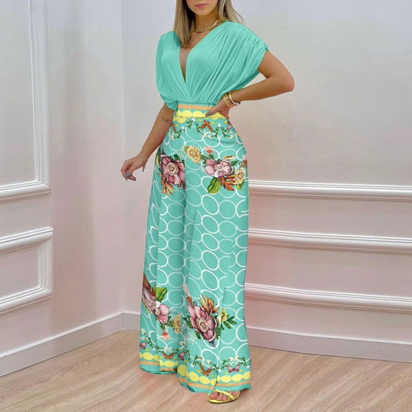 Elegant V-Neck Printed Wide Leg Pants Casual High Waist Jumpsuit
