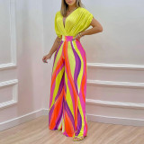 Elegant V-Neck Printed Wide Leg Pants Casual High Waist Jumpsuit