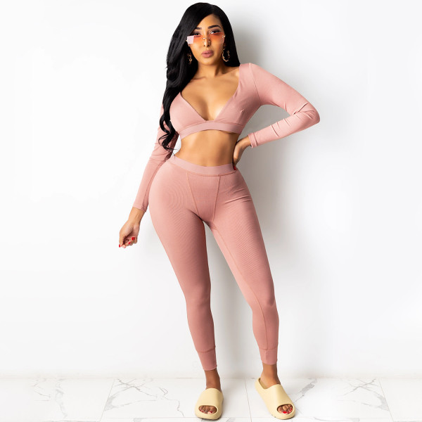 Women's Winter Sexy V-Neck Knitted Fashion Casual Long Sleeve Two Piece Set