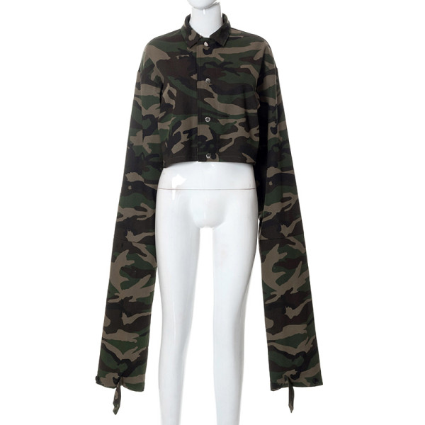 Casual Camo Print Button Lapel Long Sleeve Slim Top