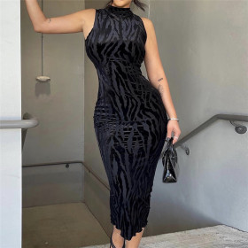 Fashion Sexy Hot Girl Sleeveless Round Neck Gloves Slim Hip Dress