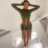Ripped Long Sleeve Top Slim Fit Short Skirt Set