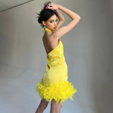 Feather Hem Halter Dress Temperament Women's Sleeveless Sexy Backpack Hip Skirt