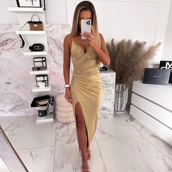 Sling cross pleated slit fine flash dress dress temperament women's sleeveless hip skirt
