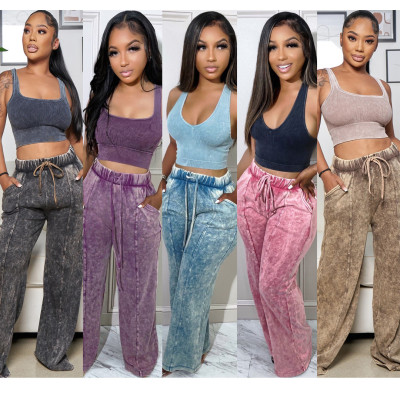 Loose Printed Elasticized High Waist Pocket Casual Wide Leg Pants A89020