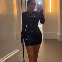 Personality Round Neck Chest Zipper Long Sleeve Hip Dress