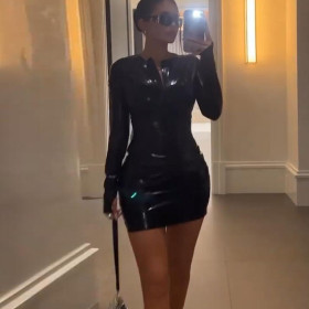 Personality Round Neck Chest Zipper Long Sleeve Hip Dress