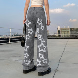 Retro street five-pointed star print distressed washed jeans