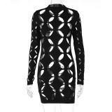 Hollow Long Sleeve Round Neck Hip Dress