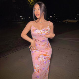 Sexy Sling Print Long Skirt Slit Slim Fit Dress