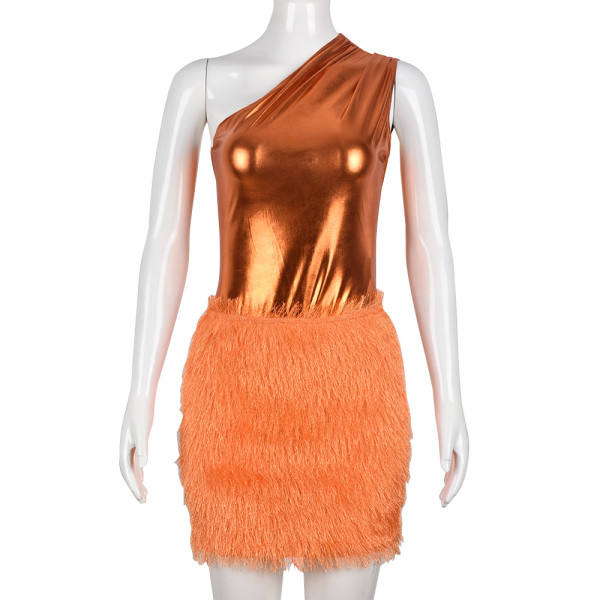 Women's Sexy Slim Pack Hip Bright Leather Tassel Dress Suit