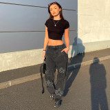 Star patch stitching straight jeans high waist trend handsome gray black slim trousers