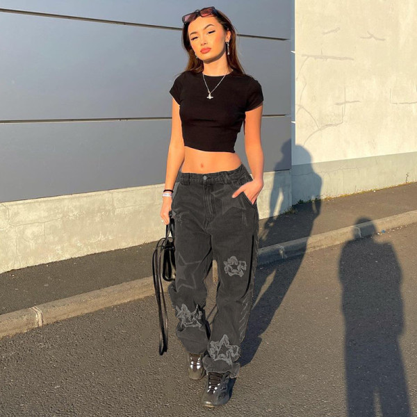 Star patch stitching straight jeans high waist trend handsome gray black slim trousers