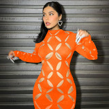 Hollow Long Sleeve Round Neck Hip Dress