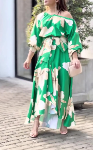 Printed Loose Plus Size Panel Balloon Sleeve Long Sleeve High Waist Dress