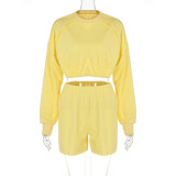 Solid color long-sleeved sweater shorts two-piece fashion reverse side casual suit