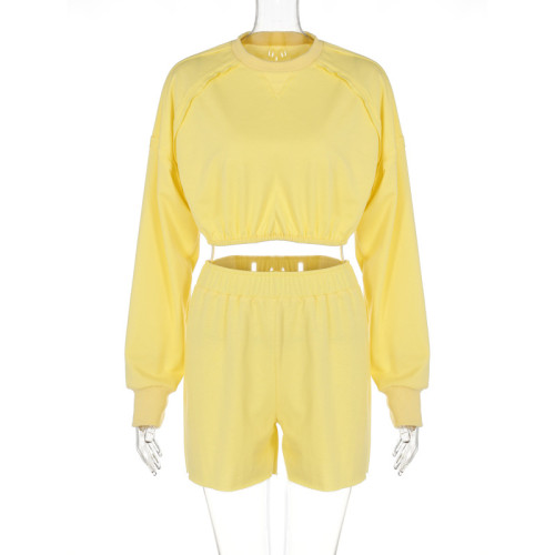 Solid color long-sleeved sweater shorts two-piece fashion reverse side casual suit