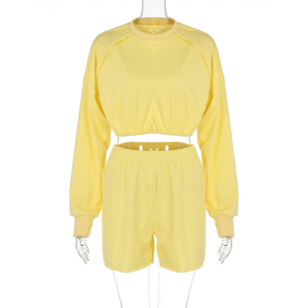 Solid color long-sleeved sweater shorts two-piece fashion reverse side casual suit