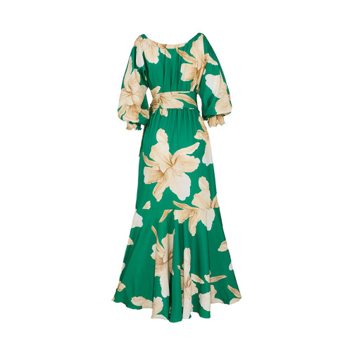 Printed Loose Plus Size Panel Balloon Sleeve Long Sleeve High Waist Dress