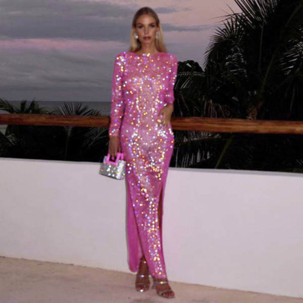 Glitter long sleeve slit dress sexy women's temperament commuter slim dress