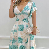 Sexy Commuter V-Neck Neck Waist Print Swing Dress