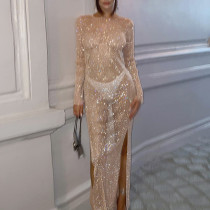 Glitter long sleeve slit dress sexy women's temperament commuter slim dress