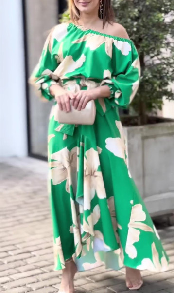 Printed Loose Plus Size Panel Balloon Sleeve Long Sleeve High Waist Dress