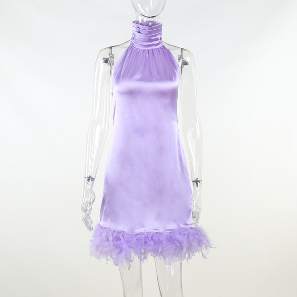 Feather Hem Halter Dress Temperament Women's Sleeveless Sexy Backpack Hip Skirt