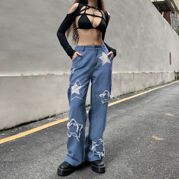 Star patch stitching straight jeans high waist trend handsome gray black slim trousers