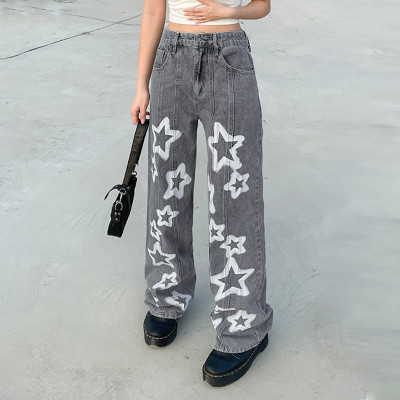 Retro street five-pointed star print distressed washed jeans