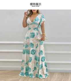 Sexy Commuter V-Neck Neck Waist Print Swing Dress