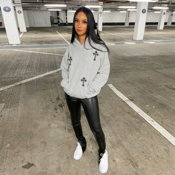 Women's Fashion Trend Embroidered Long Hooded Sweatshirt