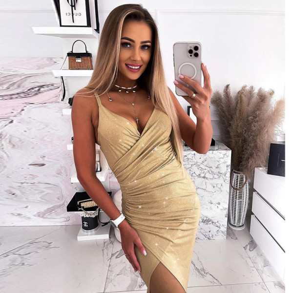 Sling cross pleated slit fine flash dress dress temperament women's sleeveless hip skirt