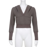 V-Neck Hooded Casual Thin Sweater Hot Girl Solid Color Versatile Pocket Short Slim Top