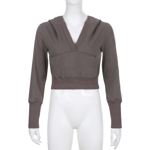 V-Neck Hooded Casual Thin Sweater Hot Girl Solid Color Versatile Pocket Short Slim Top