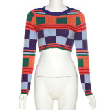 Street shot fashion hit color long-sleeved slim top high-waist woolen trousers suit