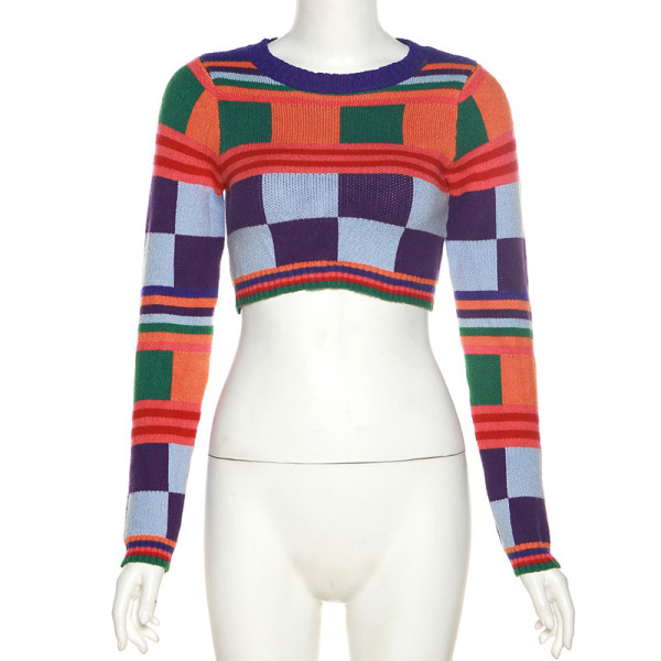 Street shot fashion hit color long-sleeved slim top high-waist woolen trousers suit